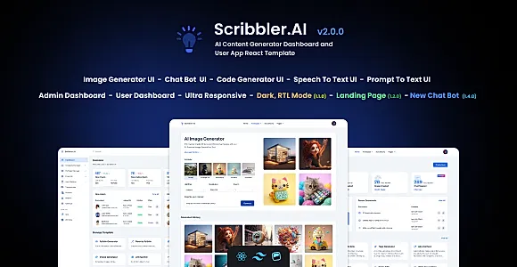 Scribbler.AI - AI Content Generator Dashboard and User App React Template