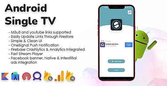 Single TV Live Streaming App with m3u8 & Youtube Player (admob & facebook ads)