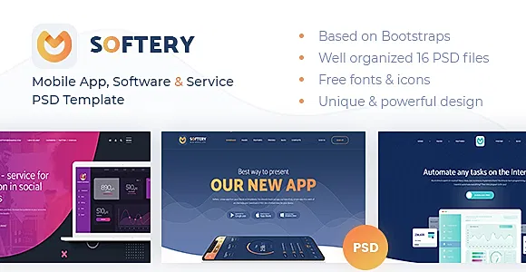 Softery -  Mobile App, Software & Service PSD Template