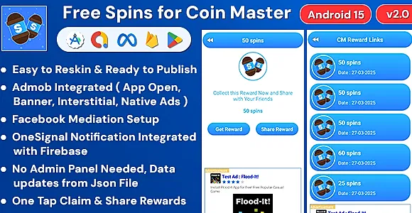 Free Spins for Coin Master with Admob Ads and Facebook Mediation Android App ( Android 15 Support )