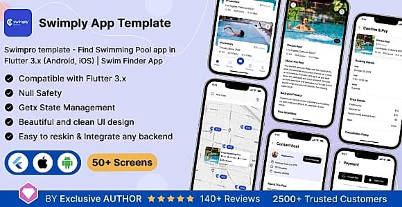 Swimpro UI template - Find Swimming Pool app in Flutter 3.x (Android, iOS) | Swim Finder App