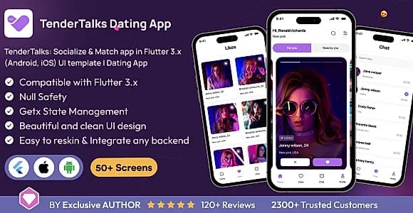 TenderTalks: Socialize & Match app in Flutter 3.x (Android, iOS) UI template | Dating App
