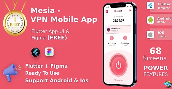 VPN Mobile App | UI Kit | Flutter | Figma FREE | Life Time Update | Mesia VPN