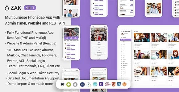 Zak - (4 in 1) Multipurpose Phonegap App with Admin Panel, Website and REST API